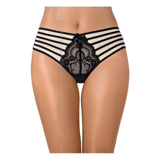 Axami briefs trusser, beige bagrund med sorte snore tværs over på forsiden, desuden sort blonde stykke på midten, en lille sort sløjfe pryder øverste kant foran.