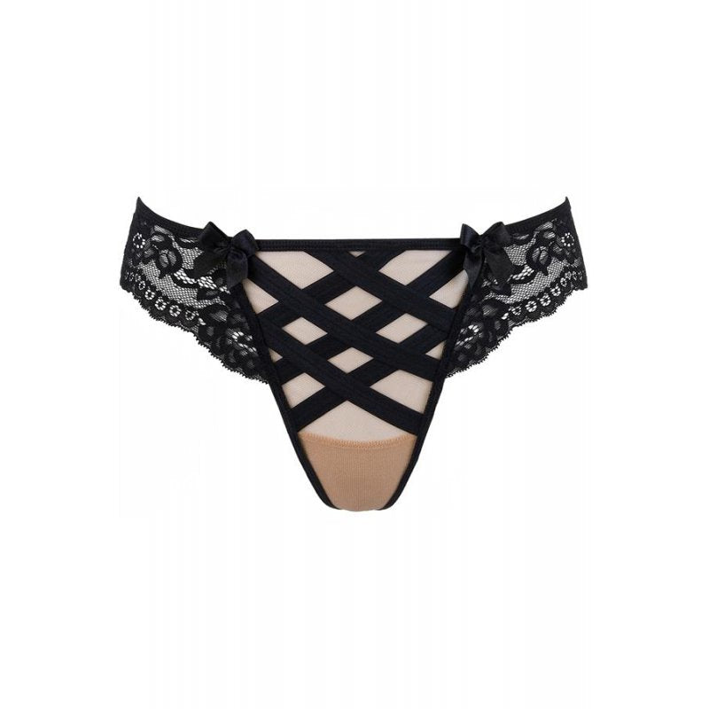 Axami, Golden Dream g-streng i beige mesh med sort motiver og blonder i siderne, hvilket udtrykker elegance. Dette lingeri er ikke bare tøj, men en fremtrædende mode stykke.