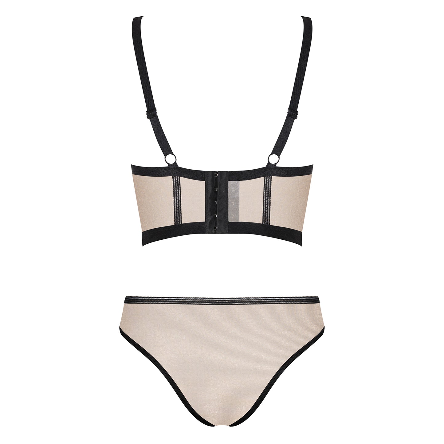 Obsessive, Nudelia bh sæt - Nude trusser med sorte kanter og med nude og sorte kanter over og under nude stoffet hen over ryggen og sorte kanter, samt sort hægtelukning og justerbare stropper.