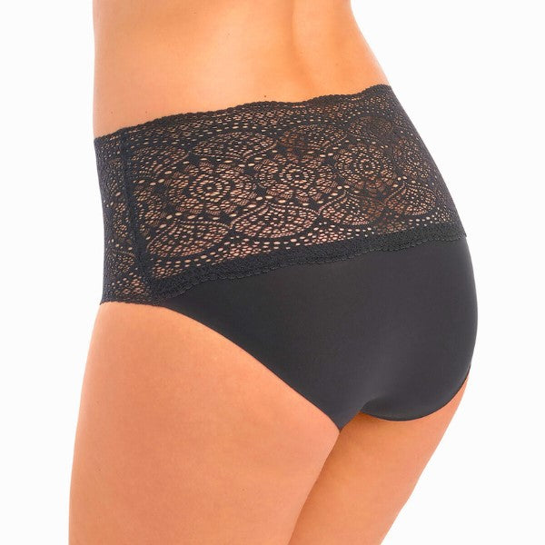 Bagpå, er halvdelen på disse sorte full brief dækket med en bred blonde kant.