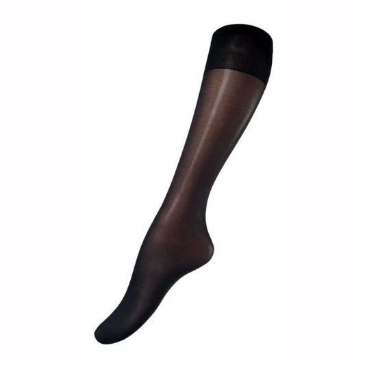 En enkelt sort Festival Strømper knæhøj sok vises på en hvid baggrund. Disse strækbare nylonstrømper i én størrelse har et støttende, solidt bånd foroven og tilbyder komfort og holdbarhed med deres 20 denier mikrofiberdesign.