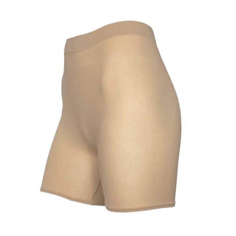 Et par højtaljede, beige nude indershorts fra Festival Strømper er udstillet på en mannequin. Disse sømløse shorts, der går til midt på låret, er lavet af åndbart mikrofiber og har et glat, absorberende design mod en almindelig hvid baggrund.