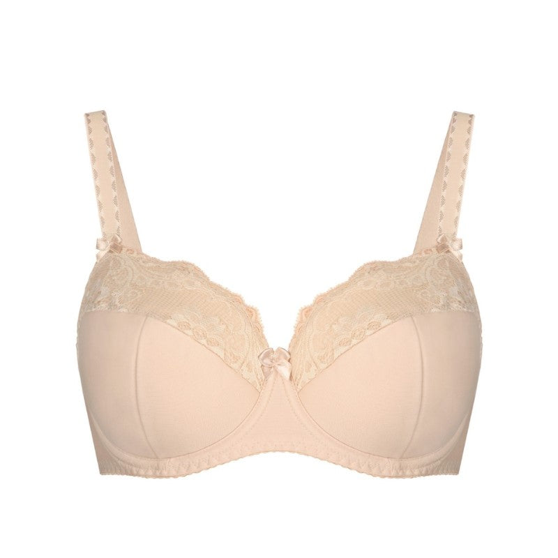 Teyli beige polstret bh har blondekant på skålene, justerbare stropper med dekorative syninger og en sløjfe i midten. Dens elegante design giver både støtte og komfort - ideel som komfort-bh.