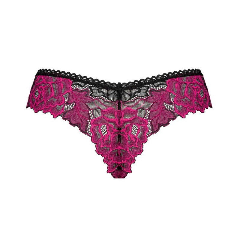 Bag på trussen: Broderet blomster i pink med sort baggrund.