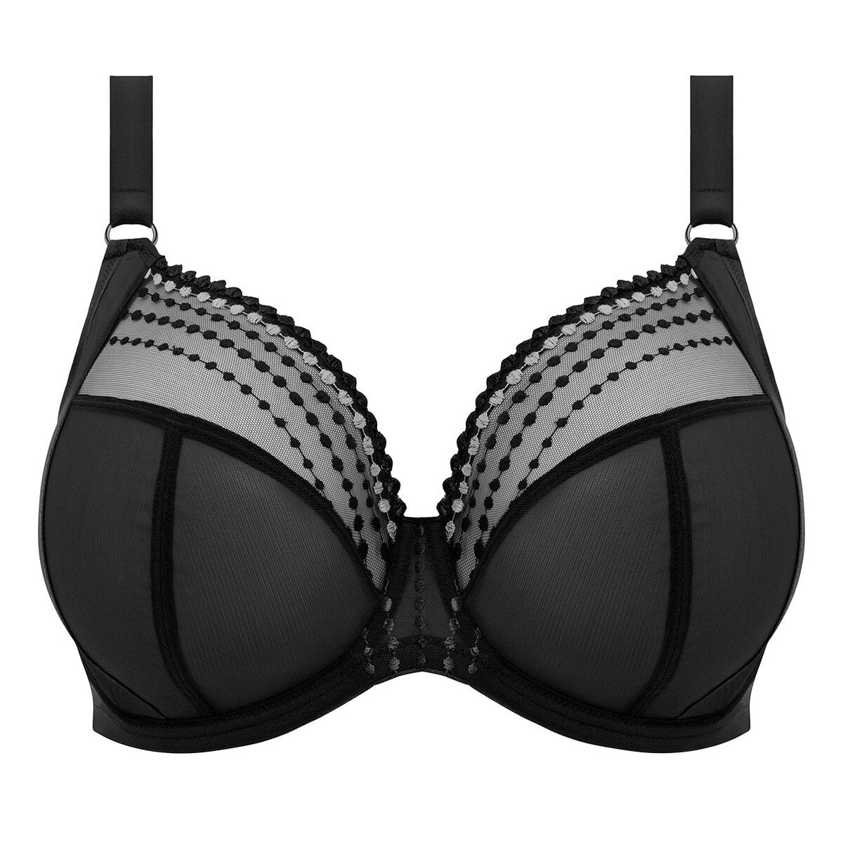 Elomi-bh'en i sort med dyb udskæring har bøjler, transparente mesh-skåle i overdelen med rækker af små broderede prikker, let forede skåle, justerbare stropper for perfekt pasform og en dekorativ detalje ved midten.