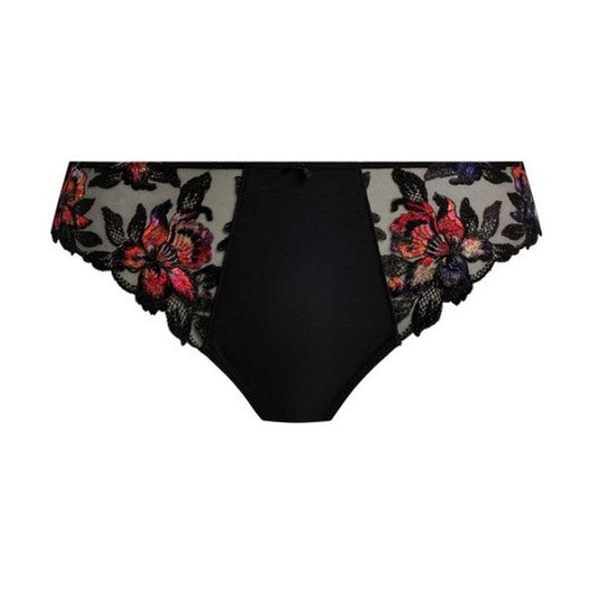 Fantasie sort blonde string-trusse med gennemsigtige mesh-sider og Magdalena Noir blomsterbroderi i rød, pink og lilla. Den uigennemsigtige midterfront står i elegant kontrast til de dekorative, halvgennemsigtige blomsterhofter.