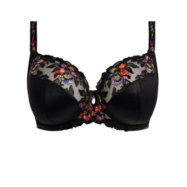 En sort Fantasie Magdalena Noir-bh med bøjleskåle og rødt, lilla, gult og grønt blomsterbroderi på gennemsigtigt mesh. Stropperne har matchende blomsterdetaljer, og uigennemsigtige underskåle giver behagelig sidestøtte.