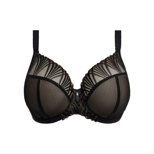 Elomi black plunge-bh har halvgennemsigtige skåle med vifteformede blonder foroven og lodrette meshpaneler forneden. Ensfarvede, justerbare stropper giver elegance og støtte til denne stilfulde bøjle-bh.