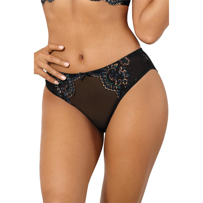 Axami, Valley Of Sensations trusser  i sort tyl har et elegant guld/blå motiv. Det minimalistiske design, beriget med fine detaljer, oser af luksus. Oplev mode med denne stilfulde beklædningsdel.