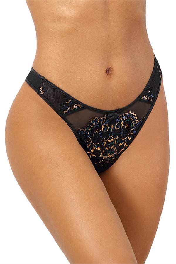 Axami, Valley Of Sensations g-streng skinner i sort tyl og farverigt broderi, hvilket udtrykker elegance. Dette lingeri er ikke bare tøj, men en fremtrædende modeudtalelse.