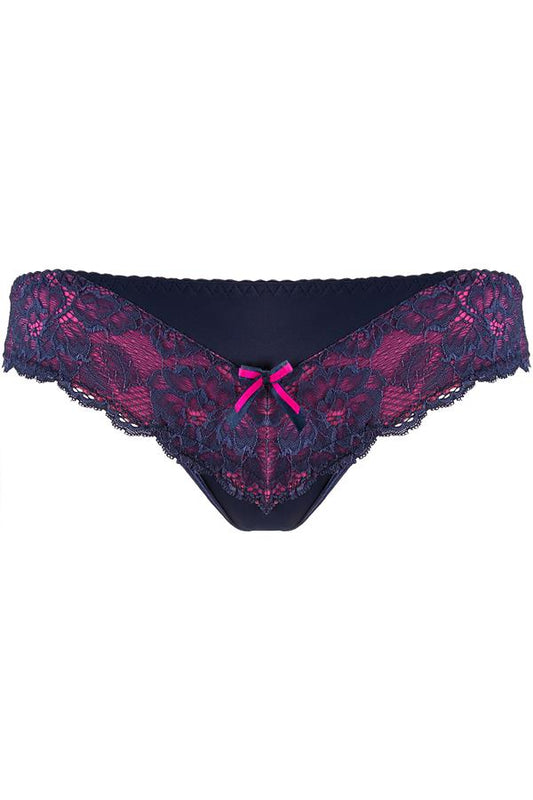 Disse flotte G-strenge har smukke dekorative blå blonde detaljer, kombineret med lidt gennemsigtig pink mikrofiber, som giver dem en ekstra finesse.