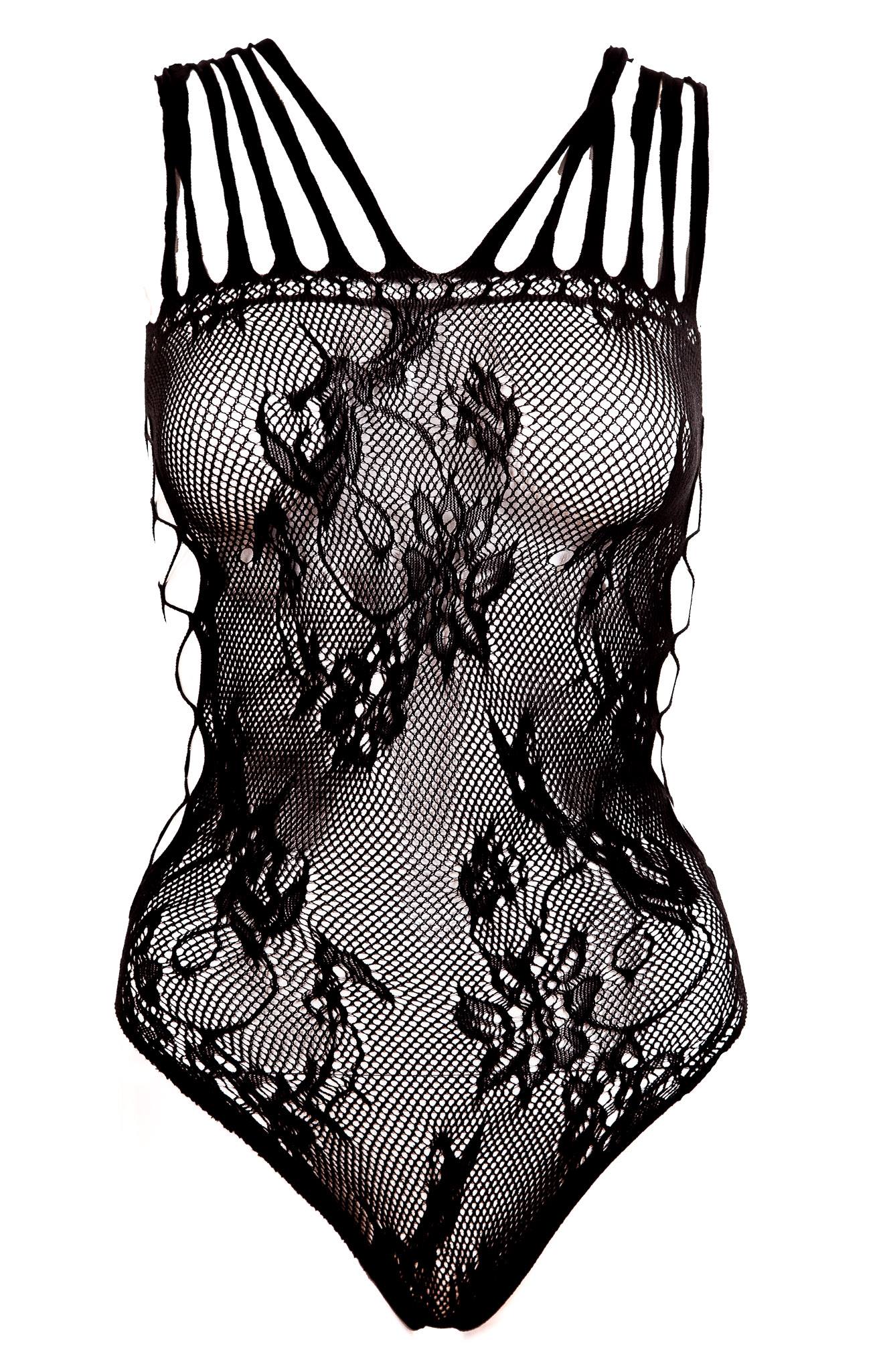 Music Legs, Lace sort teddy - Dette teddyundertøj har et delikat mønster, der tilføjer feminin og forførende flair. De åbne kiler på siderne tilføjer iøjnefaldende detaljer og øger det sensuelle udtryk.