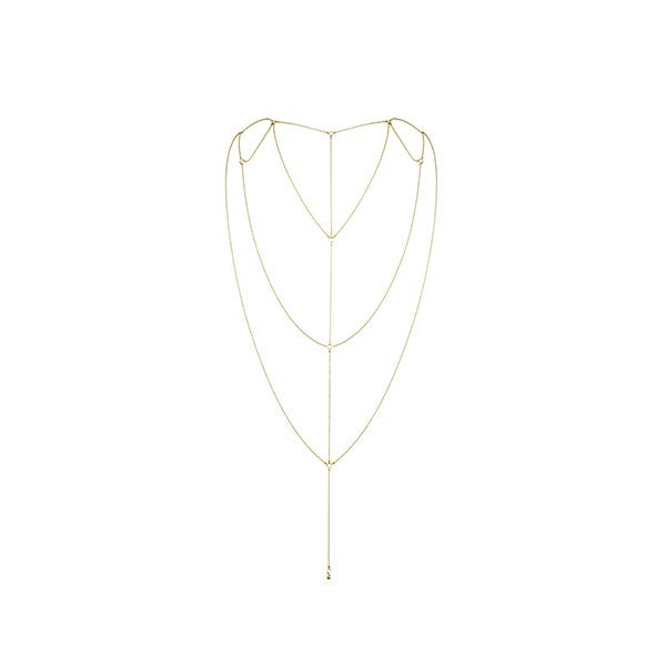 Bijoux Indiscrets, Magnifique Back guld - Det elegante kropssmykke fra Bijoux Indiscrets er essentielt. Det forhøjer enhver stil fra hals til ryg - ideelt til kjoler eller lingeri. Nikkelfrit og allergivenligt.