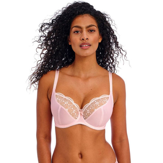 Denne smukt udformede, forhøjede essentielle Plunge bh, der giver raffineret luksus med sit satinskinnende stof og delikate art deco-inspirerede broderi, er nu tilgængelig i vores Pink Champagne-farve.