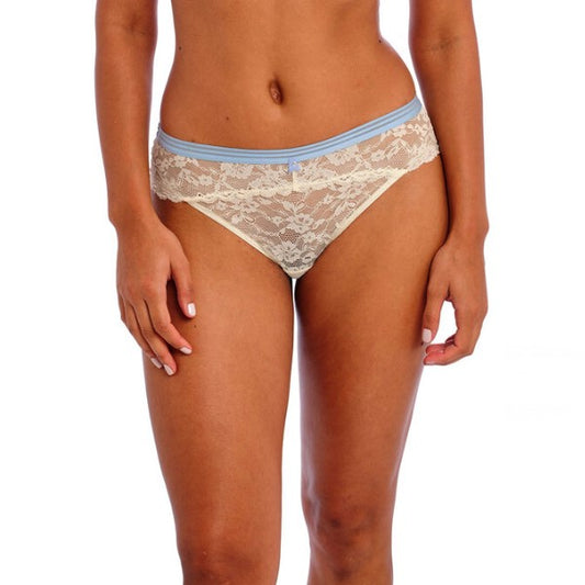 Stretchblonde både foran og bagpå,  halvgennemsigtig stribet elastisk linning i kontrastfarve blå. 