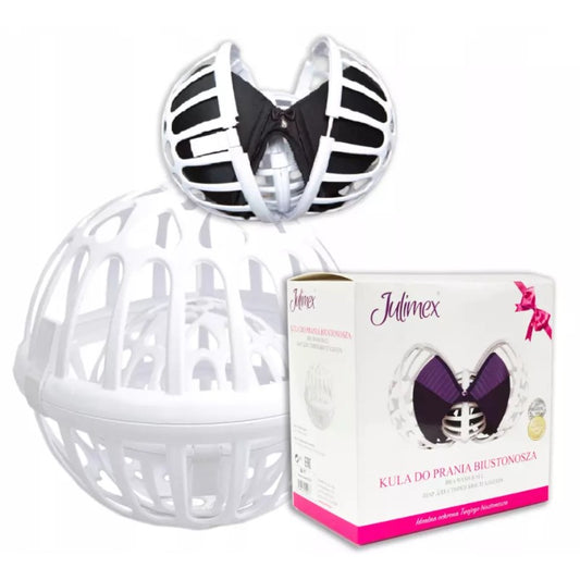 En åben vaskekugle i hvid plast fra Julimex indeholder en sort bh. På forsiden af Julimex-æsken ses vaskebold til undertøj med en lilla bh og produktoplysninger på polsk.