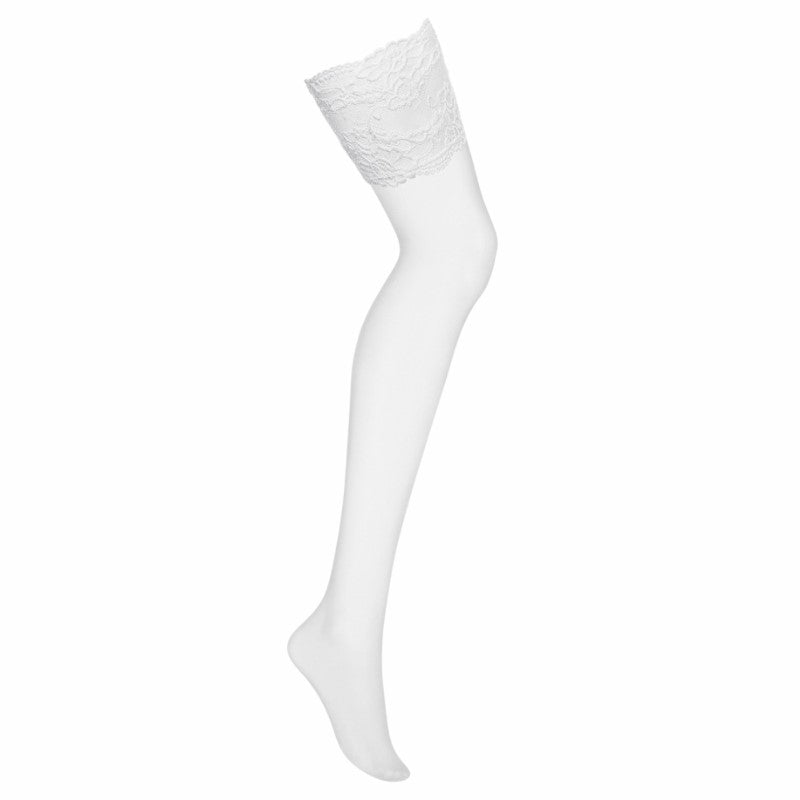 En enkelt, hvid lårkort strømpe fra Obsessive med en gennemsigtig, glat tekstur og et bredt blondebånd foroven, vist på en almindelig hvid baggrund. Det elegante design fremhæver benets form og giver en sofistikeret stil.