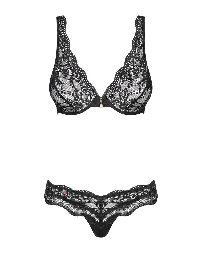 Et sort blonde-bh-sæt fra Obsessive vises på en hvid baggrund med blonde lingeri, en elegant smykke på den bølgede kant og bøjle-bh'en med semi-transparente blondetrusser med bølgede kanter.