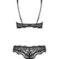 Et sort Obsessive blonde-bh-sæt er vist på en hvid baggrund med et blondt look med blomstermønstre og bølgede kanter. Sættet indeholder en bralette med justerbare stropper, spænde i ryggen og blondetrusser med mellemhøj talje.