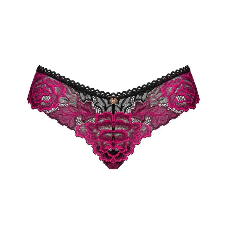 Broderet trusse med pink blomster og sort baggrund.