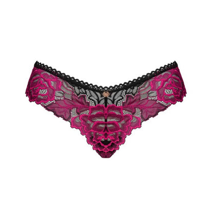 Broderet trusse med pink blomster og sort baggrund.