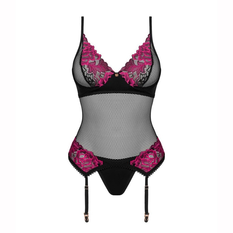 Obsessives sorte og lyserøde blonde-bodysuit viser indviklede blomsterbroderier på bryst og hofter. Den har et mesh-design, justerbare stropper og strømpebåndsklips, der tilbyder et elegant og sensuelt look med sin kontrast mellem gennemsigtigt materiale og solide broderede sektioner.