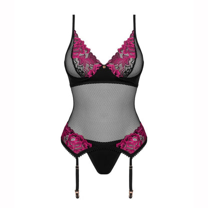 Obsessives sorte og lyserøde blonde-bodysuit viser indviklede blomsterbroderier på bryst og hofter. Den har et mesh-design, justerbare stropper og strømpebåndsklips, der tilbyder et elegant og sensuelt look med sin kontrast mellem gennemsigtigt materiale og solide broderede sektioner.