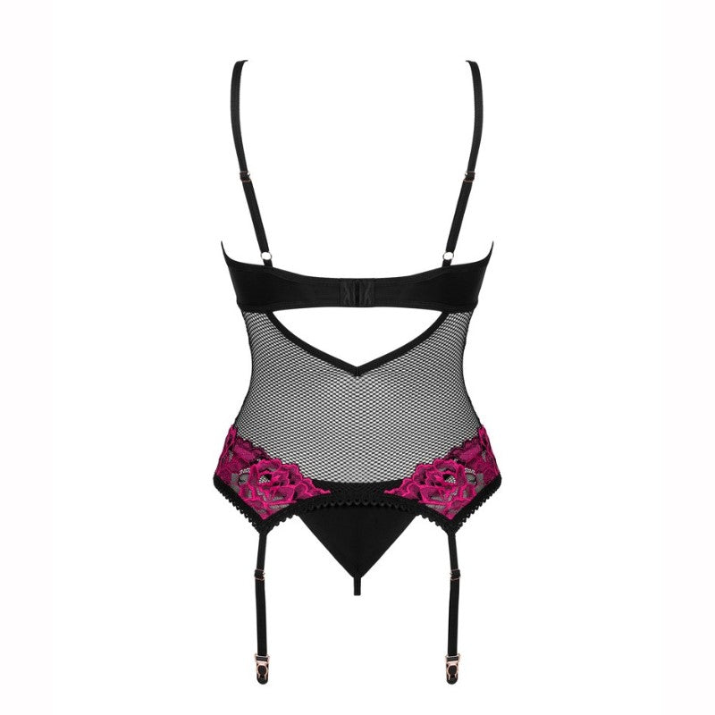 Obsessiv sort mesh-lingeri-bodysuit har justerbare skulder- og strømpebånd, en åben ryg, udskårne detaljer, lyserøde blomstrede blondebroderier som en corsage på hofterne og en rem-stil bund, alt sammen sat mod en almindelig hvid baggrund.