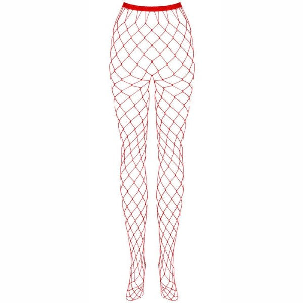  Selvsikre og sensuelle: Obsessive Fence Me Røde strømpebukser med diamantnetmønster og elastisk taljebånd.