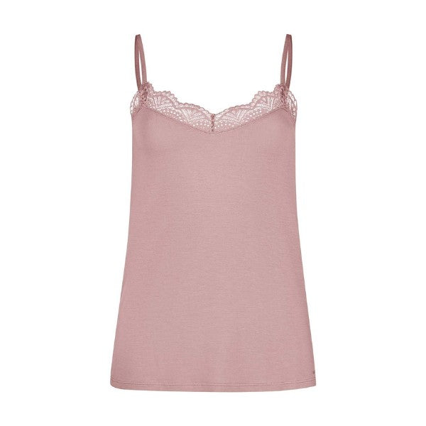 Blød camisole med blonder i halsudskæring, ærmegab og på ryggen. 