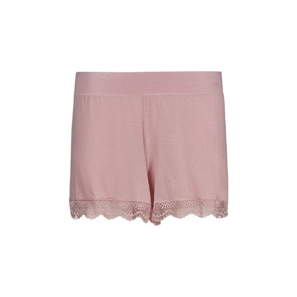 Bløde rosa farvede homewear shorts i bæredygtigt materiale, med blondekanter og bred elastisk linning.