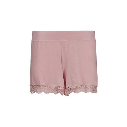 Bløde rosa farvede homewear shorts i bæredygtigt materiale, med blondekanter og bred elastisk linning.