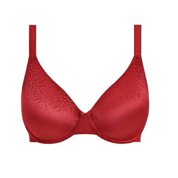 Wacoal Regina Red bøjle-bh med justerbare stropper og formstøbte skåle set forfra. Stoffet har et subtilt struktureret mønster med en let glans, der skaber et stilfuldt, elegant look mod en almindelig hvid baggrund.