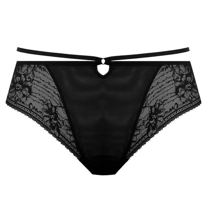 Et par Elomi Kendra sorte g-streng trusse med bred elastisk linning, solid mesh foran og blomsterblonde i siderne. Fremstillet af luksuriøse materialer, der giver et delikat og elegant look.