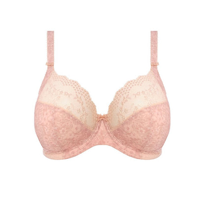 Elomi Lucie Stretch Bh'en i lyserød har bøjlestøtte, let polstrede skåle, blomsterdetaljer med blonde, en dyb halsudskæring, støttende powernet, justerbare stropper og en charmerende sløjfedetaljer.