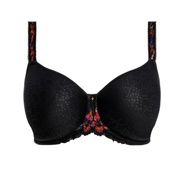 Oplev luksuriøs komfort med den sorte Fantasie Magdalena spacer-bh med let prikkede skåle, blomsterbroderi i rød og lilla, glat finish, let vattering, bøjlestøtte og elegant blondekant.
