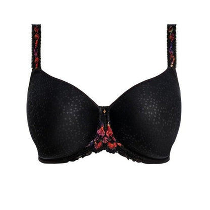 Oplev luksuriøs komfort med den sorte Fantasie Magdalena spacer-bh med let prikkede skåle, blomsterbroderi i rød og lilla, glat finish, let vattering, bøjlestøtte og elegant blondekant.
