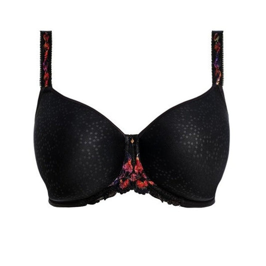 Oplev luksuriøs komfort med den sorte Fantasie Magdalena spacer-bh med let prikkede skåle, blomsterbroderi i rød og lilla, glat finish, let vattering, bøjlestøtte og elegant blondekant.