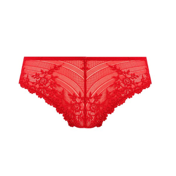 Rød tanga trusse med blomstrede detaljer.