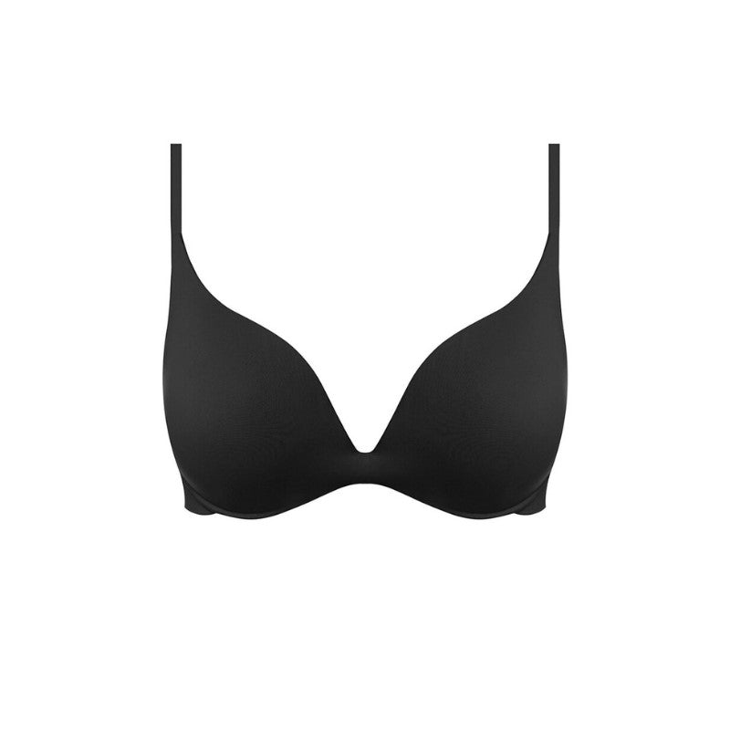 En sort Wacoal push-up-bh med formstøbte skåle og tynde, justerbare stropper vises på en hvid baggrund. Den har et sømløst, glat dykdesign uden mønstre eller udsmykninger for et minimalistisk look.