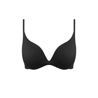 En sort Wacoal push-up-bh med formstøbte skåle og tynde, justerbare stropper vises på en hvid baggrund. Den har et sømløst, glat dykdesign uden mønstre eller udsmykninger for et minimalistisk look.