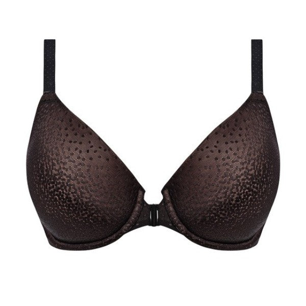 En brun vatteret push-up-bh fra Wacoal med subtile geometriske mønstre, sorte justerbare stropper, lukning foran og skåle med en let glans og små perforeringer langs de øverste kanter som en stilfuld detalje.