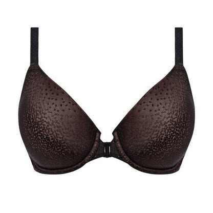 En brun vatteret push-up-bh fra Wacoal med subtile geometriske mønstre, sorte justerbare stropper, lukning foran og skåle med en let glans og små perforeringer langs de øverste kanter som en stilfuld detalje.