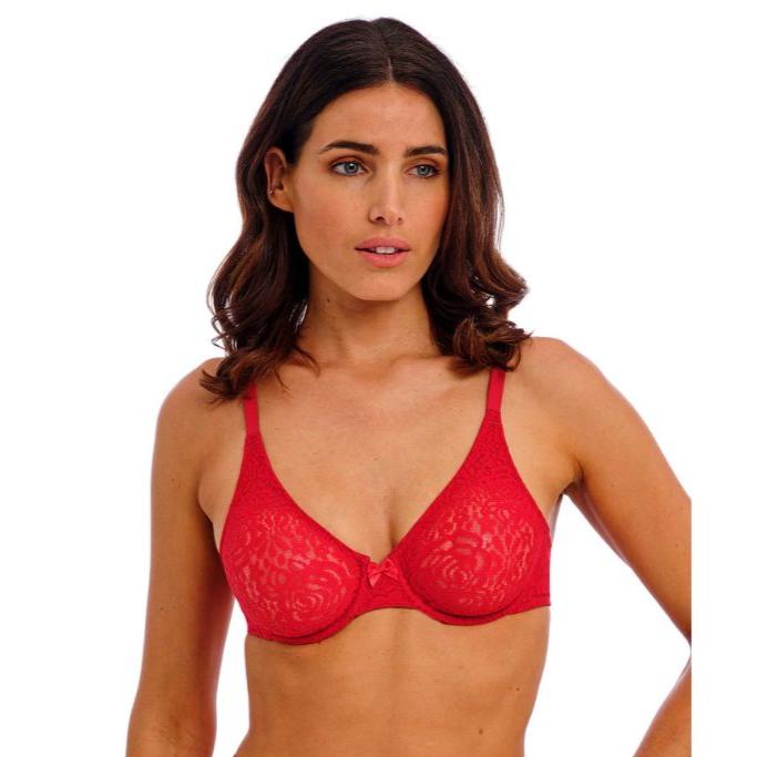 Denne bh tilbyder støtte og udglatning i en rød nuance. Denne bh har uforede skåle, ekspert fremstillet af blød blonde for sømløs formgivning.