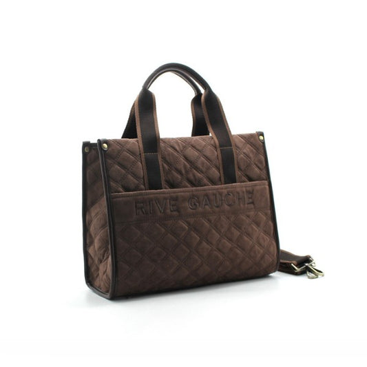 Rummelig quilted brun, Rive Gauche håndtaske, med remme til at bære den i hånden og aftagelig skulderrem