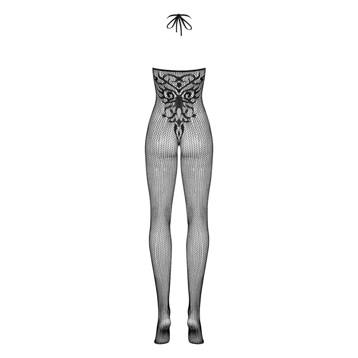 Obsessive, Sort blonde bodysuit - Bagfra kommer den fine snørelukning ved nakken til syne og mønstret på bodysuiten ses tydeligt.
