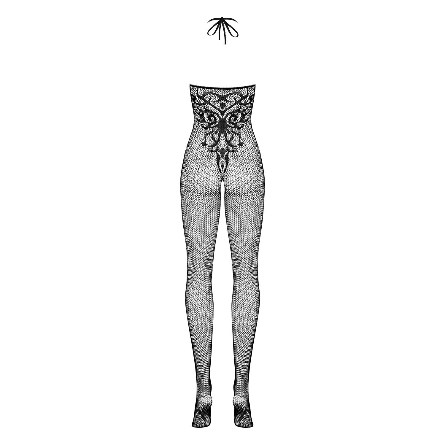 Obsessive, Sort blonde bodysuit - Bagfra kommer den fine snørelukning ved nakken til syne og mønstret på bodysuiten ses tydeligt.