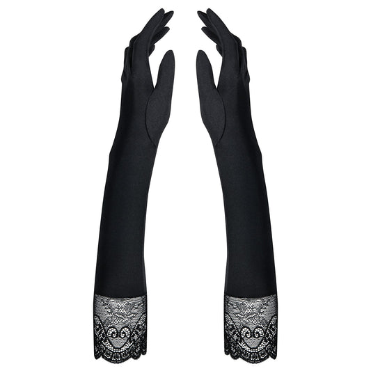 Obsessive, Miamor lange sorte handsker -  Uovertruffen elegance med blød elasticitet, delikate blonder og perler, der strækker sig op til albuen.