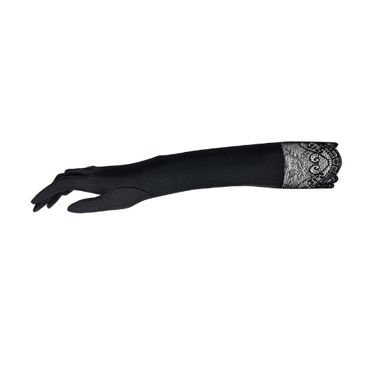 Obsessive, Miamor lange sorte handsker - Luksuriøse Miamor sorte blonder handsker med perler. Elegant til kjoler og lingeri.