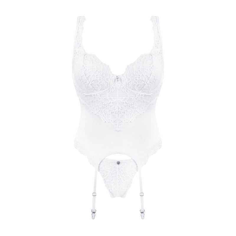 Obsessive, Amor Blanco hvid corsage sæt - Elegant hvid corsage med blonder & mesh + matchende g-streng. Perfekt komfort & pasform.